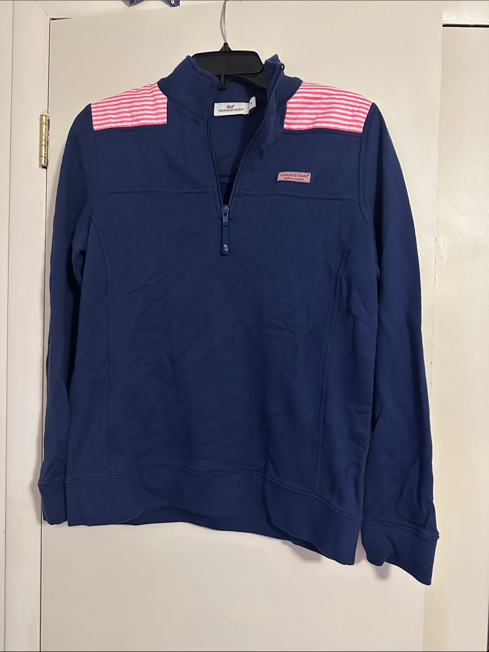 Vineyard Vines Navy Zip-Up Pullover with Pink Shoulder Stripes
